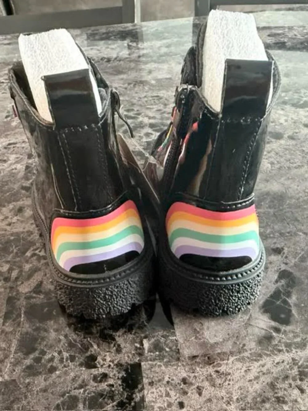 PatPat Girls Toddler Rainbow Combat Boots Black Patent Size 6.5 EU 22.5 NWT